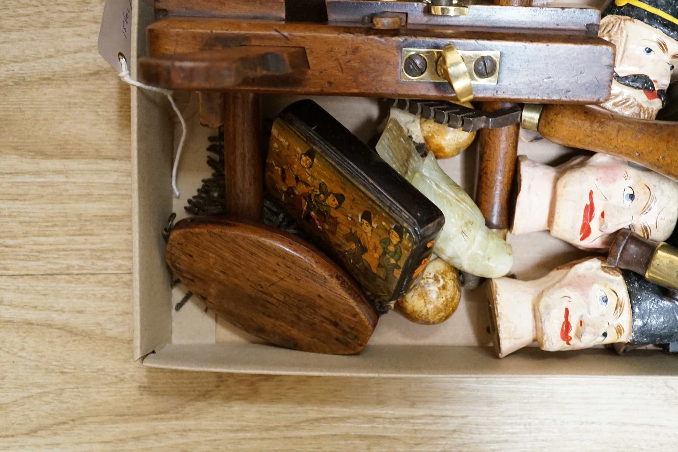 Mixed collectables to include a Fillister plough plane, a butter mould, a snuff box and carved novelties. Condition - varies, mostly fair